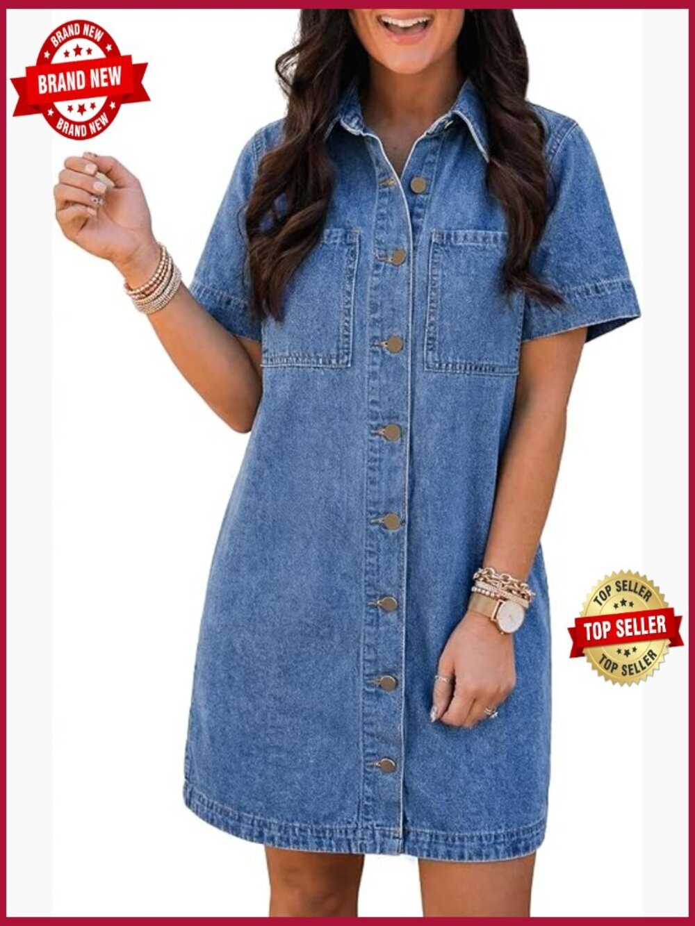 Short Sleeve Button Down Babydoll Denim Mini Dress with Pockets